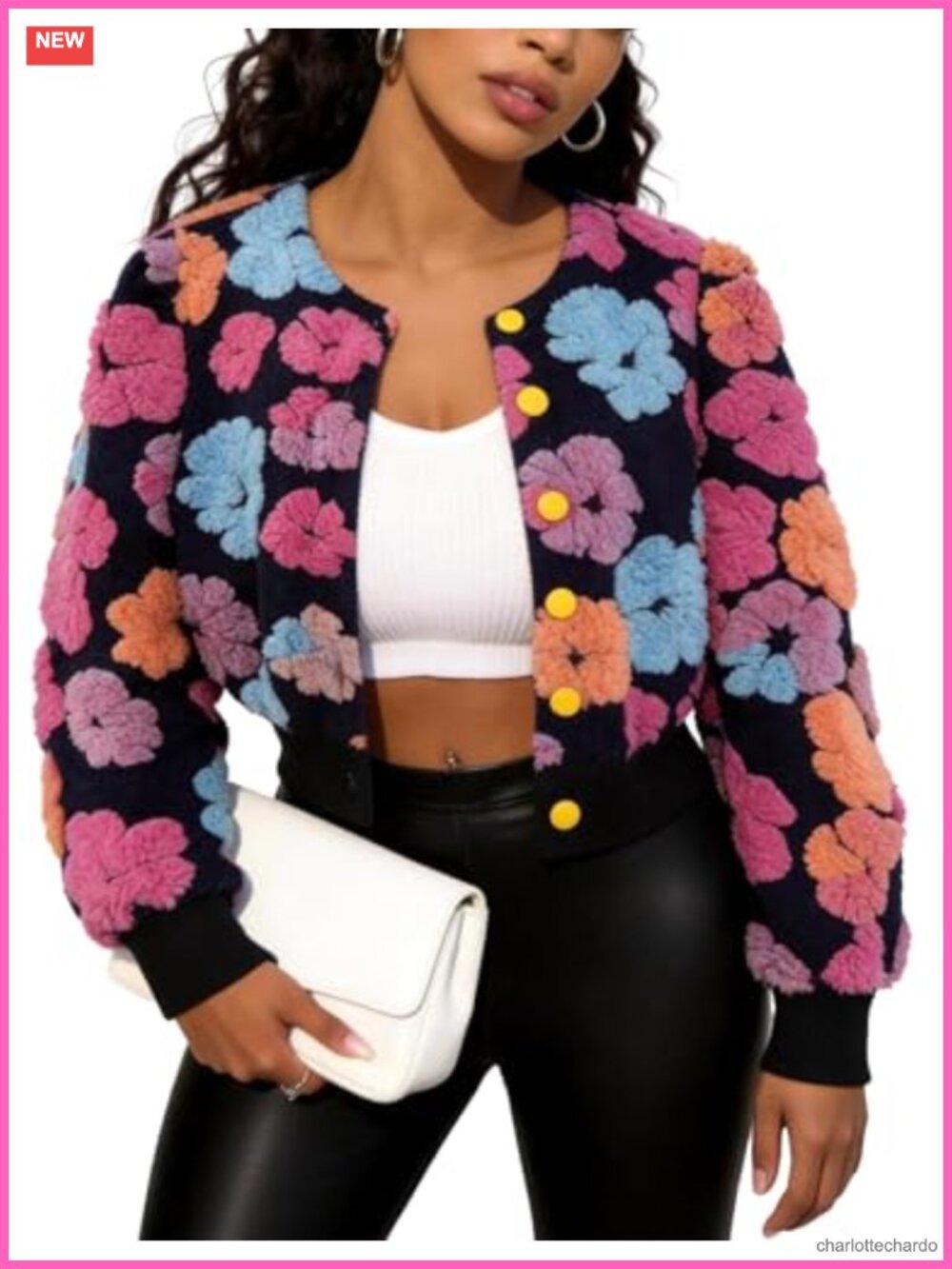 Warm Fleece Cropped Floral Bomber Jacket Button Down Casual Coat